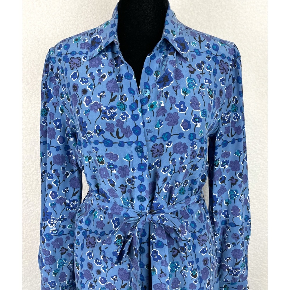 EQUIPMENT • Femme Rosalee Blue Floral Printed Long Sleeve Silk Mini Dress, XS - Picture 5 of 16